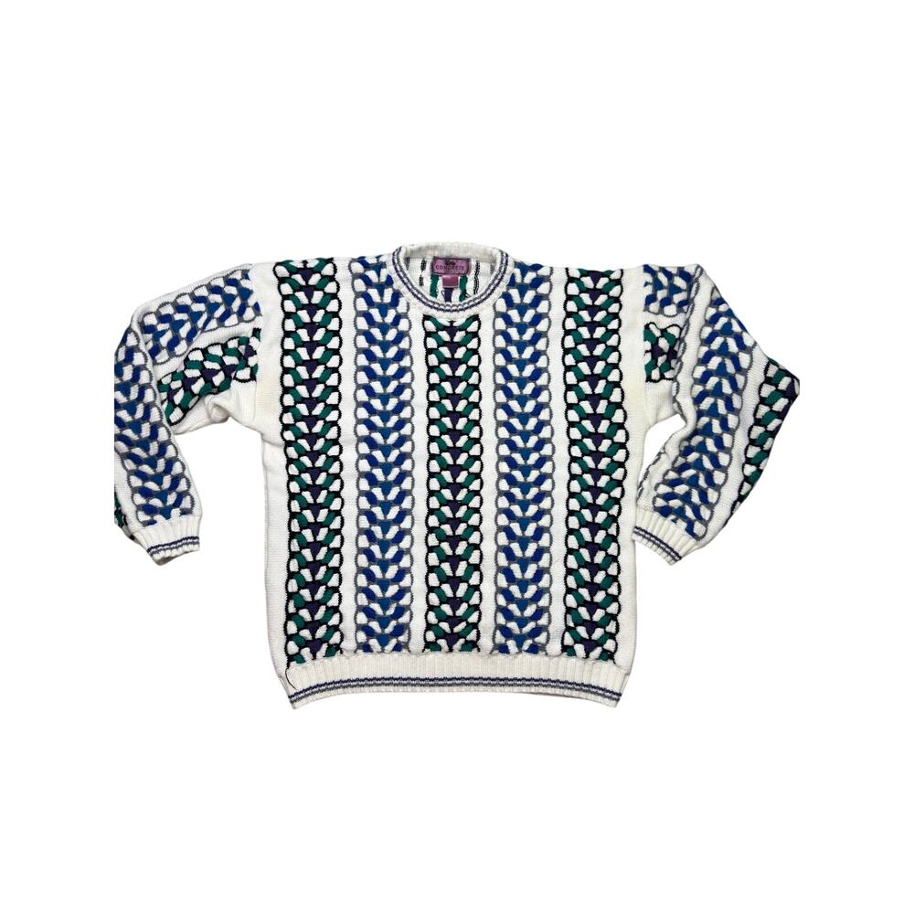 Vtg 3D Textured Sweater Men Large Blue Colorful 80 90s Academia Preppy old Money